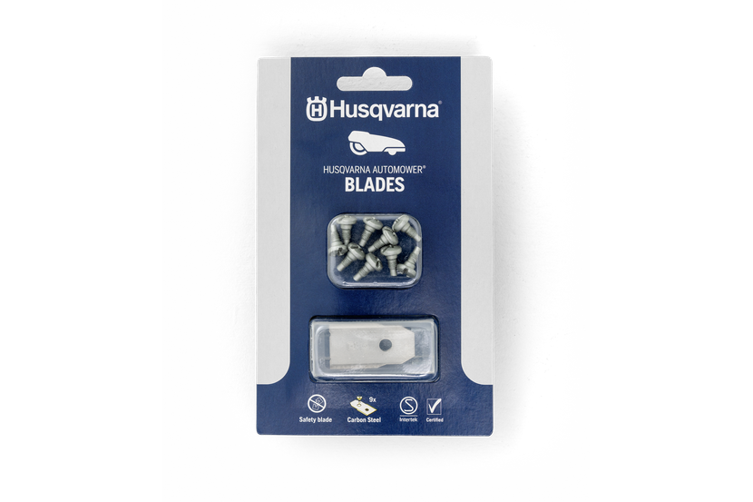 Blister Husqvarna Automower Blades : neuf vis de rechange et une pile de lames pivotantes en acier carbone, vus de face sur fond blanc.