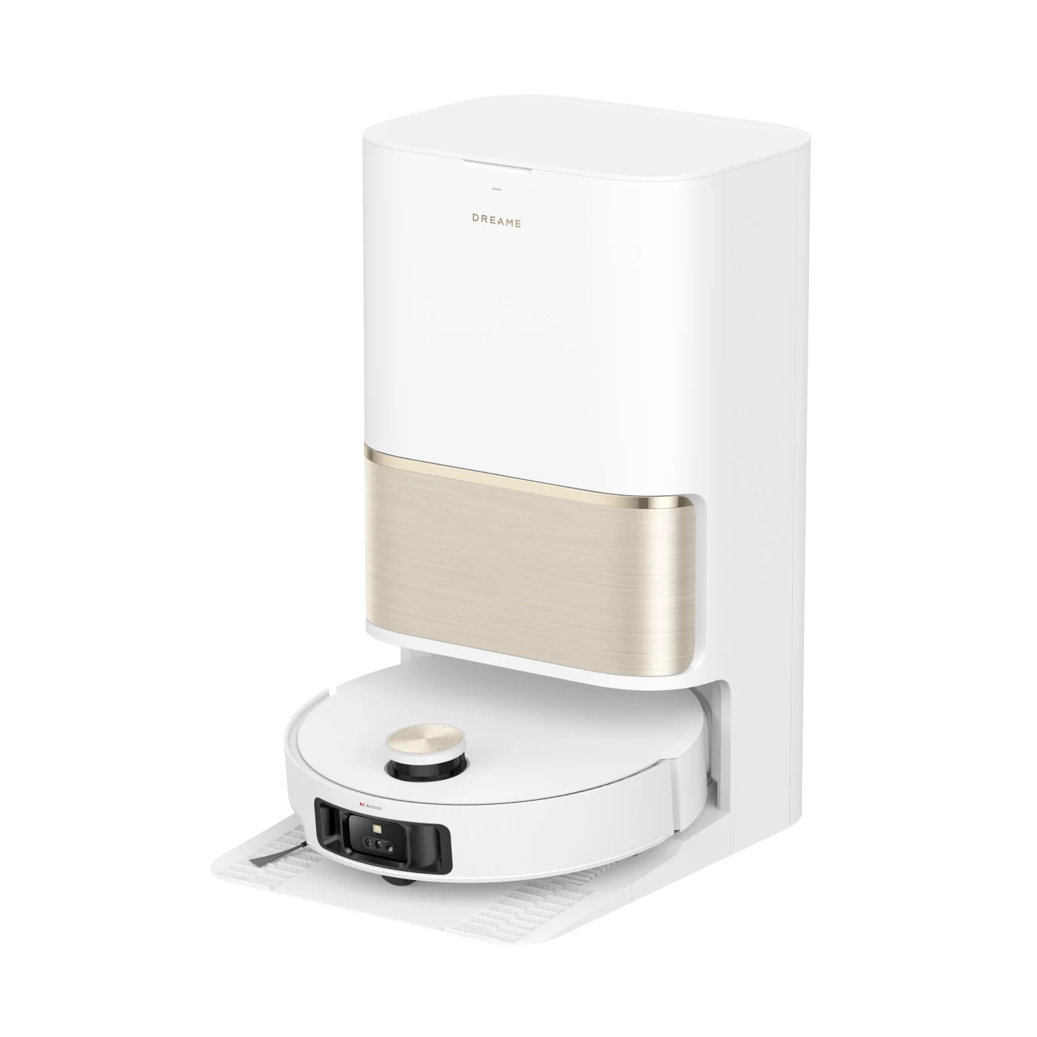 Robot aspirateur laveur Dreame L50 Pro Ultra blanc sur sa station, vue de trois quarts, visuel officiel Dreame