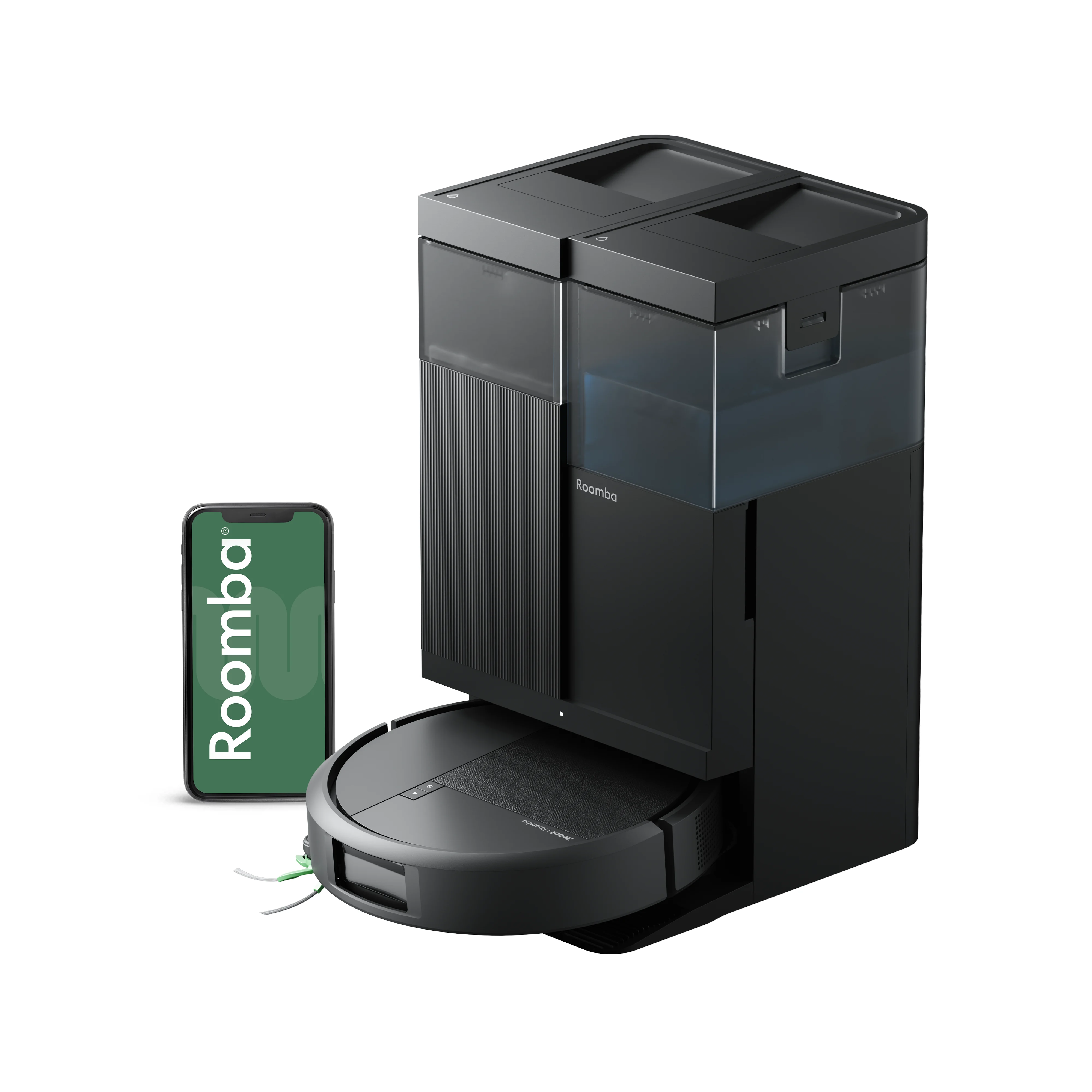 Robot Roomba Plus 515 Combo noir et sa base AutoWash, visuel officiel iRobot