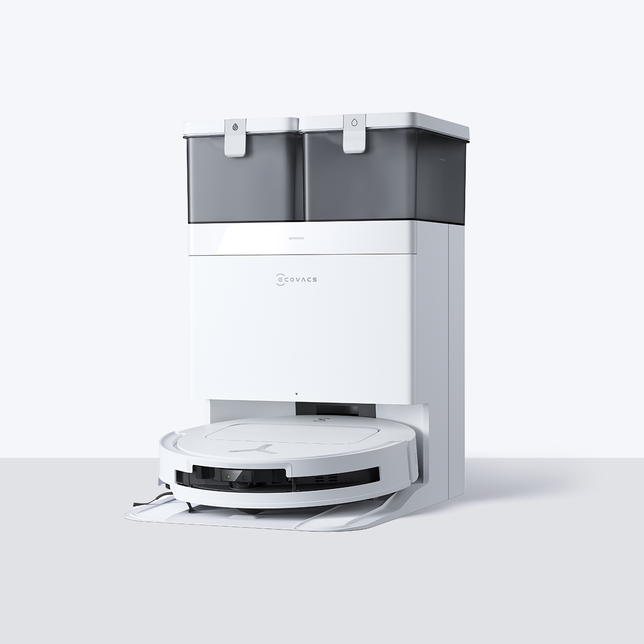 Ecovacs Deebot T50 Pro Omni blanc avec sa station Omni, photo officielle Ecovacs