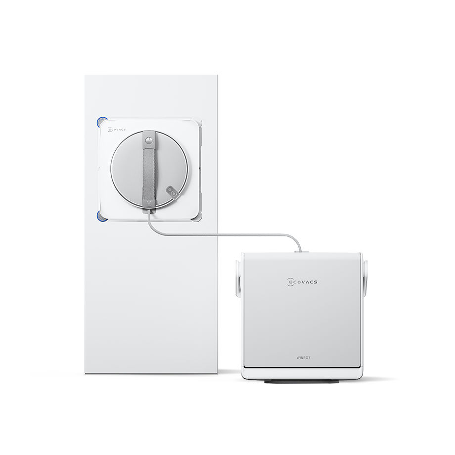 Ecovacs Winbot W2S Omni sur une vitre avec sa station portable, photo officielle Ecovacs