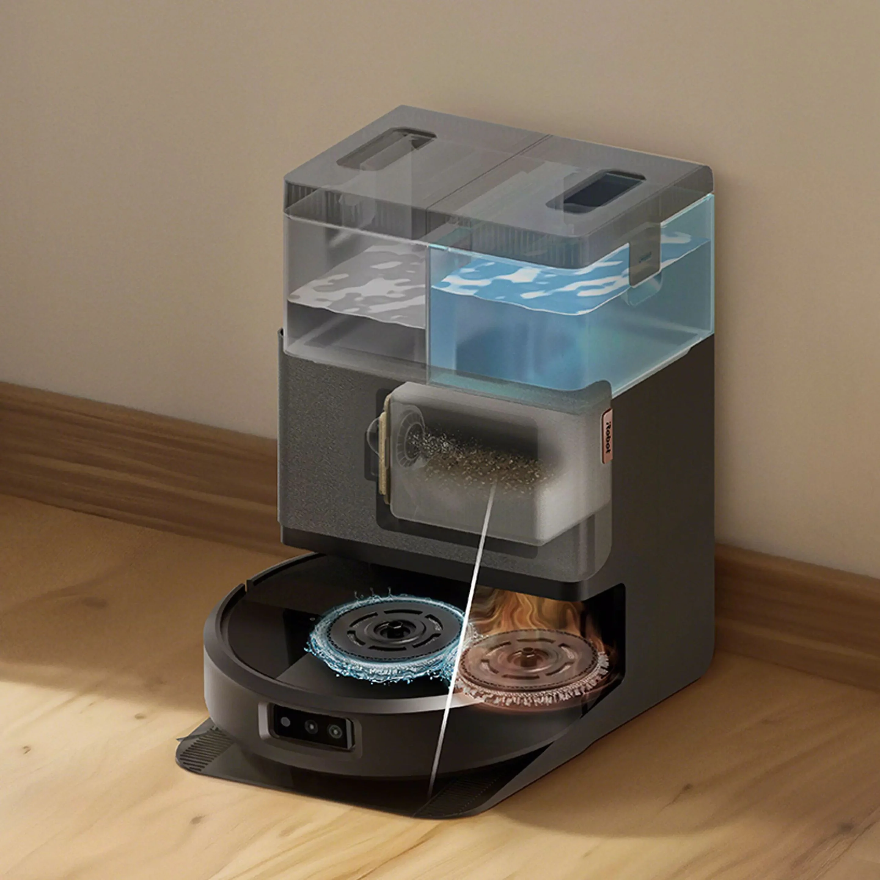 Roomba Plus 505 Combo dans sa base AutoWash, sur parquet, photo officielle iRobot