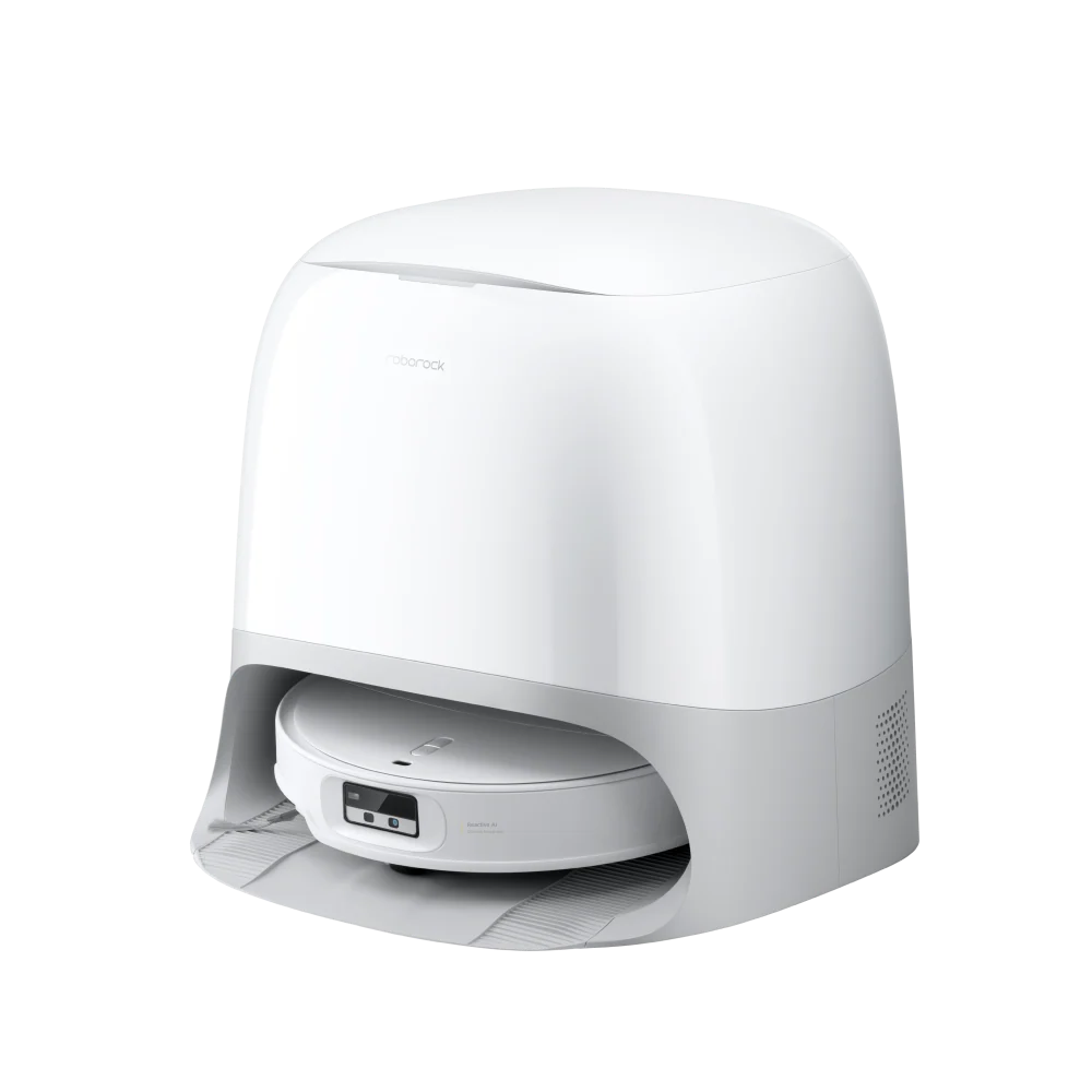 Roborock Qrevo Curv 2 Pro blanc avec sa station, photo officielle Roborock