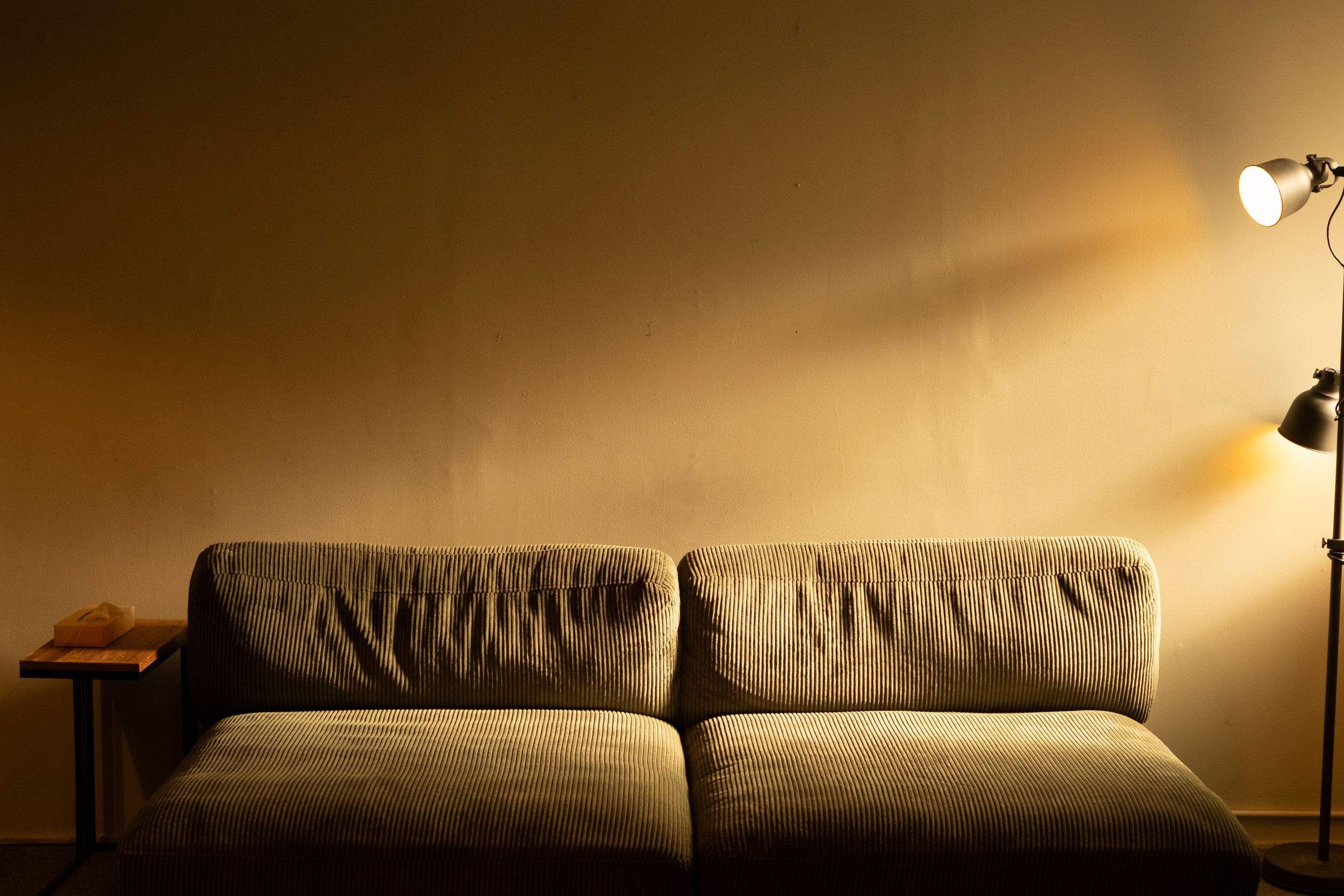 Un canapé éclairé par une lampe dans un salon le soir