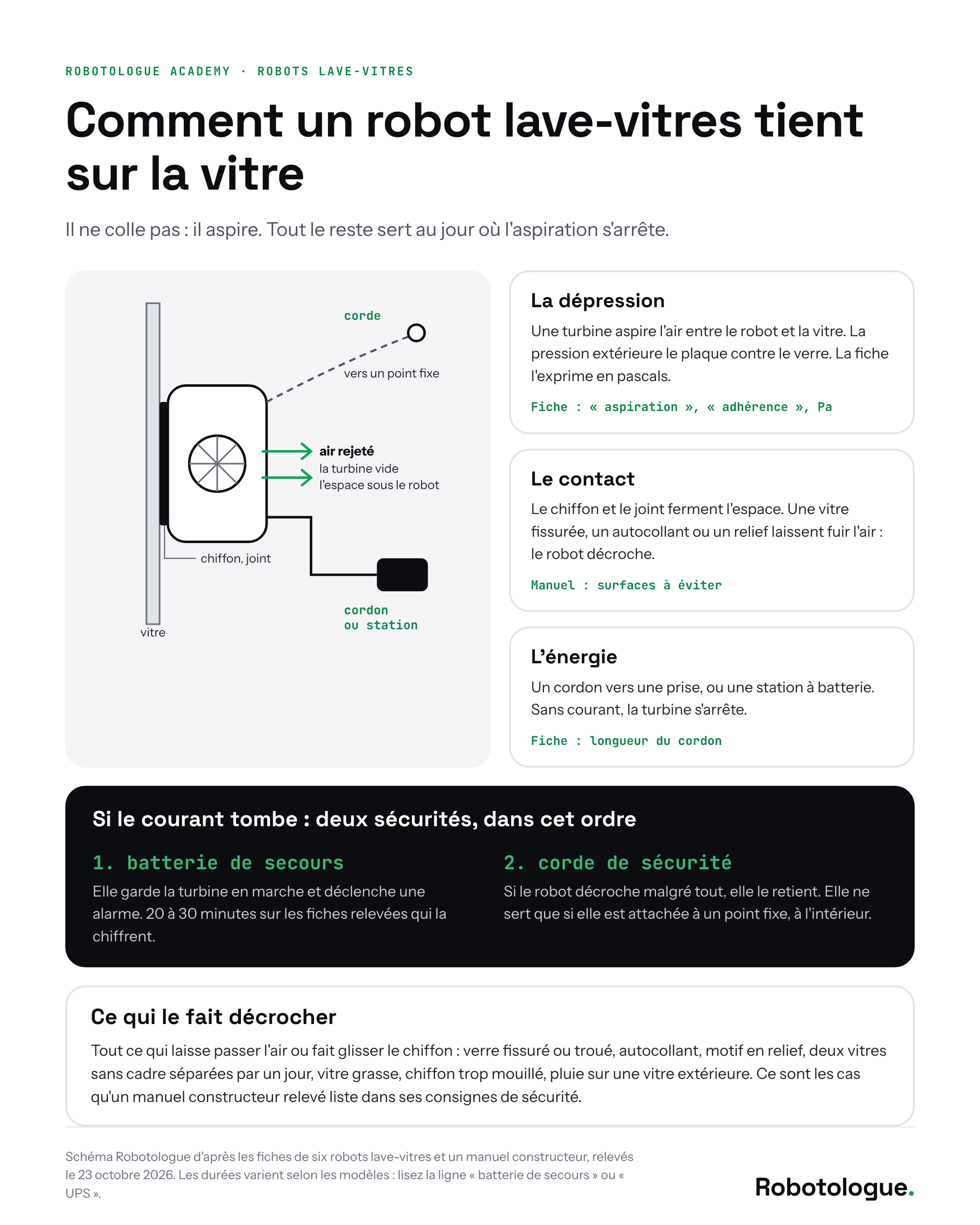 Comment un robot lave-vitres tient sur la vitre : la dépression créée par la turbine, le contact du chiffon, l'alimentation, puis la batterie de secours et la corde si le courant tombe. Schéma Robotologue.